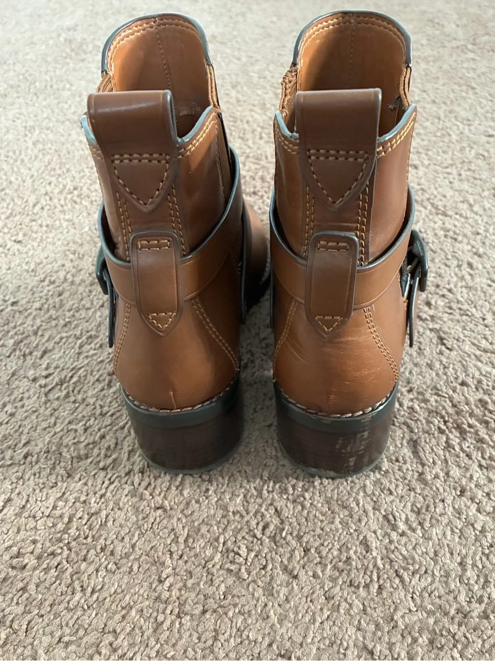 Coach Tan Leather Ankle Booties with Wrap Strap and Buckle